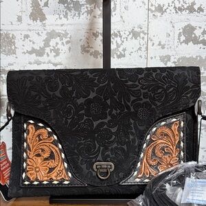 American Darling Black and Tan Tooled Floral Crossbody Bag